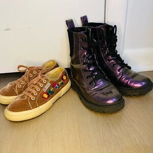 Girls Size 4 Bundle: Metallic Purple Boots & Floral Embroidered Velvet Sneakers